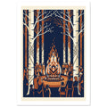 Birch trees surround people gathered around a geometric bonfire, illustrated in navy, cream and rust orange.