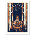 Birch trees surround people gathered around a geometric bonfire, illustrated in navy, cream and rust orange.