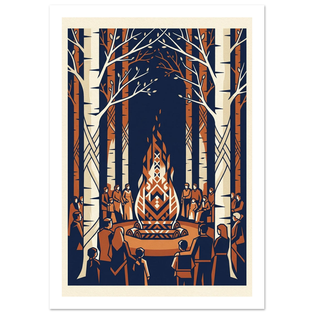 Birch trees surround people gathered around a geometric bonfire, illustrated in navy, cream and rust orange.