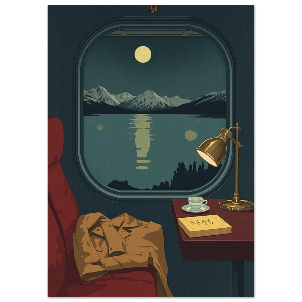 Train window overlooking moonlit mountains and a lake, beside a red seat with a coat and a table with lamp, cup and book.