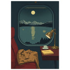 Train window overlooking moonlit mountains and a lake, beside a red seat with a coat and a table with lamp, cup and book.