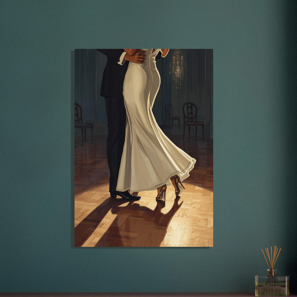 Dancing couple cropped above the shoulders, with a cream gown, dark suit and long shadows across a wooden parquet floor.