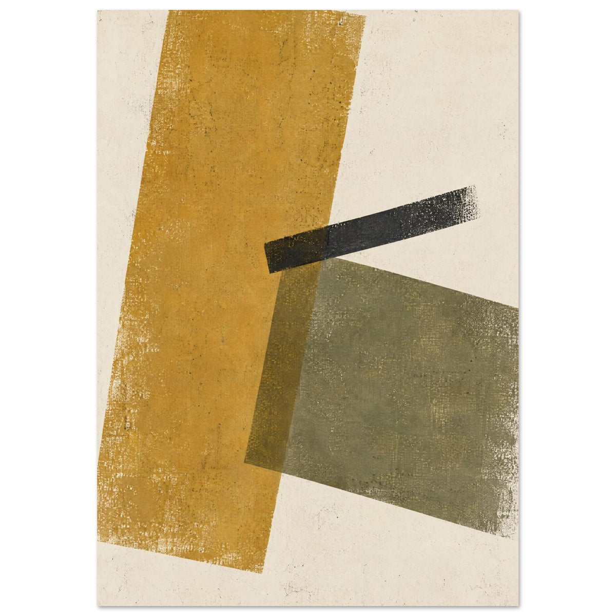 Mustard and olive rectangles overlap beneath a slanted black bar on a cream background, with distressed textures.