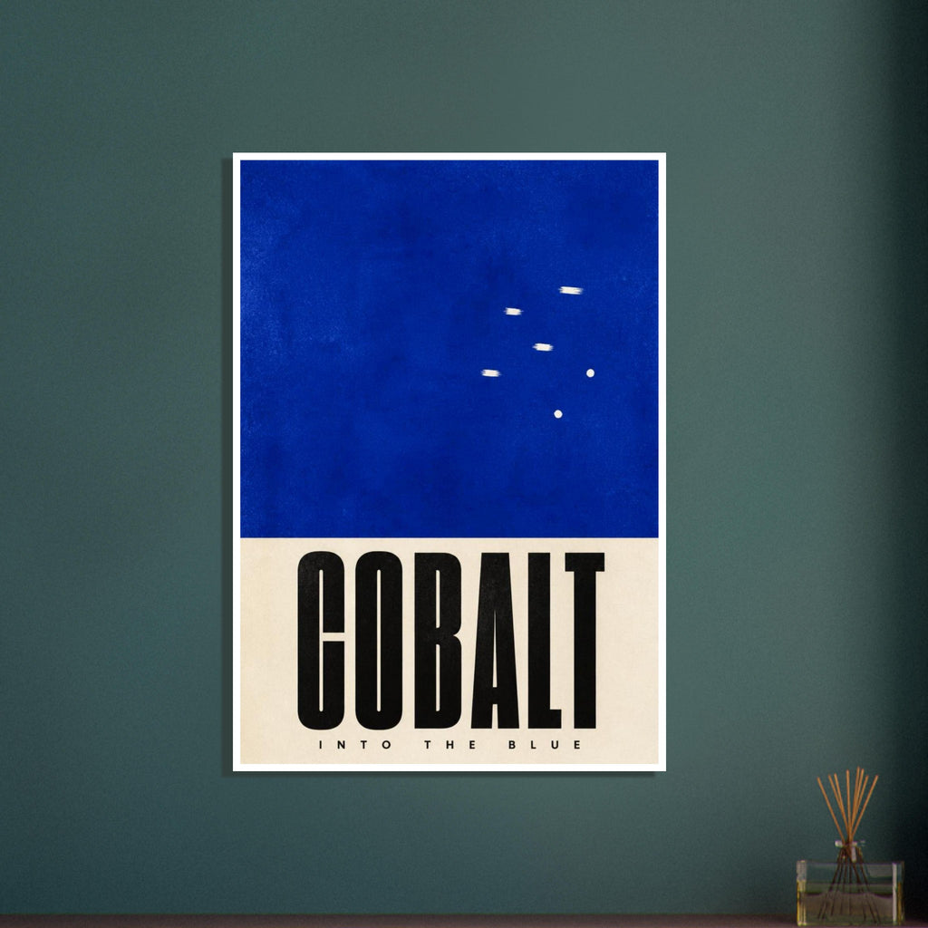 Cobalt blue field with small cream marks above a cream panel reading ‘COBALT’ in black and ‘INTO THE BLUE’ below.
