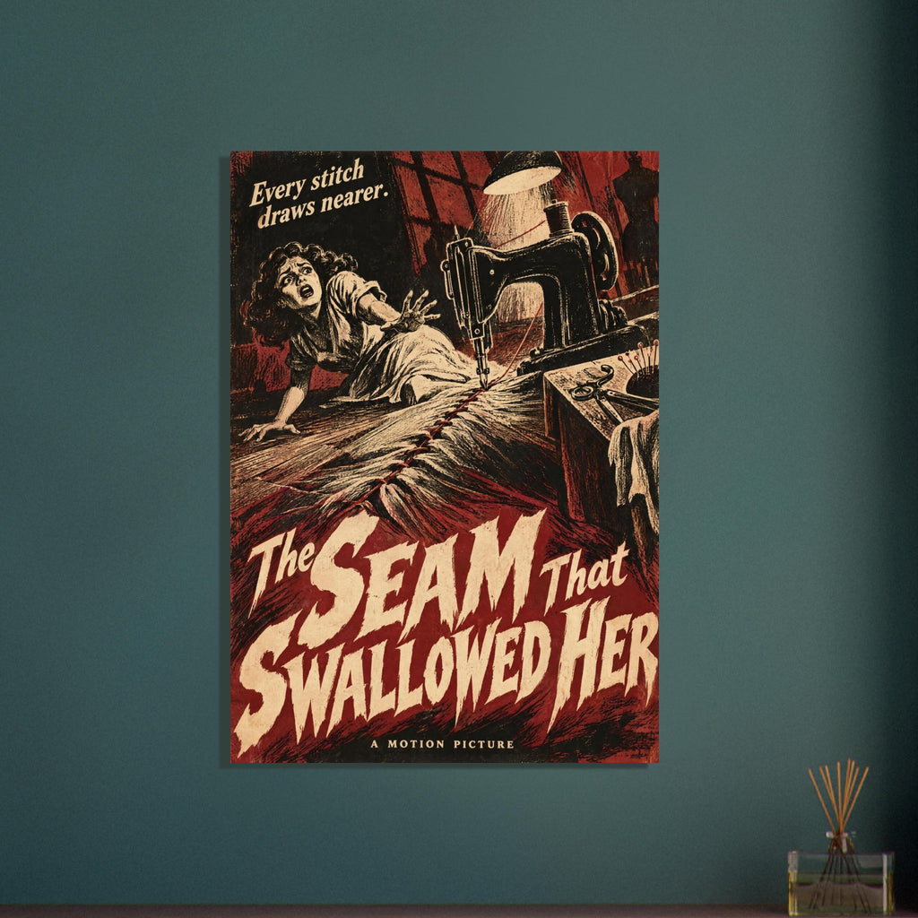 Vintage-style horror poster with a frightened woman, looming sewing machine, red stitching and jagged cream lettering.