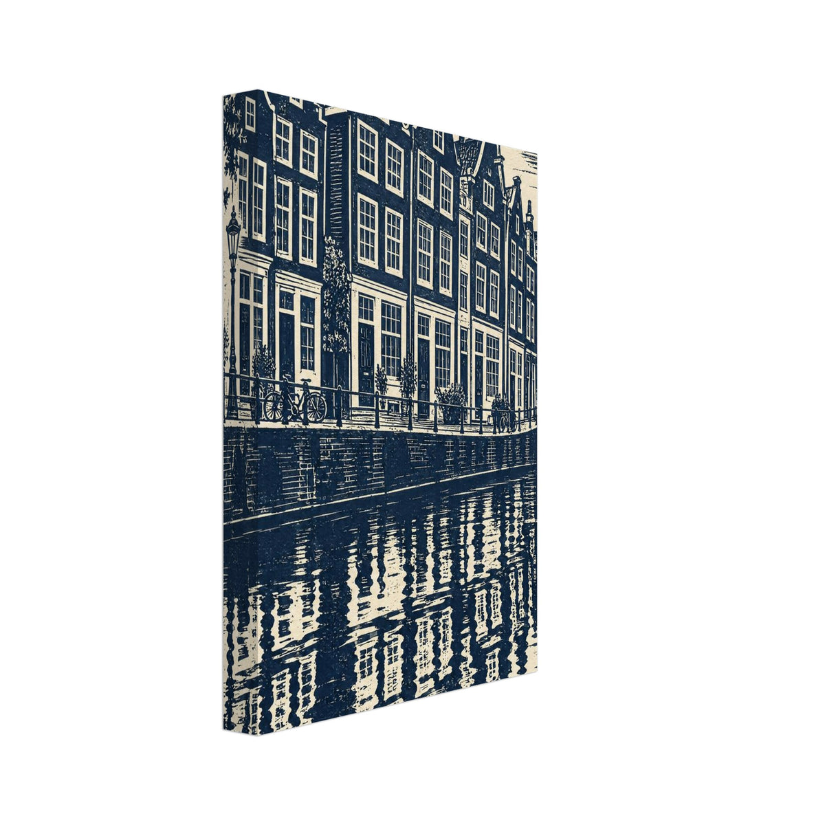 Gabled canal houses in navy and cream, with a street lamp, bicycles, an arched bridge and rippling reflections.