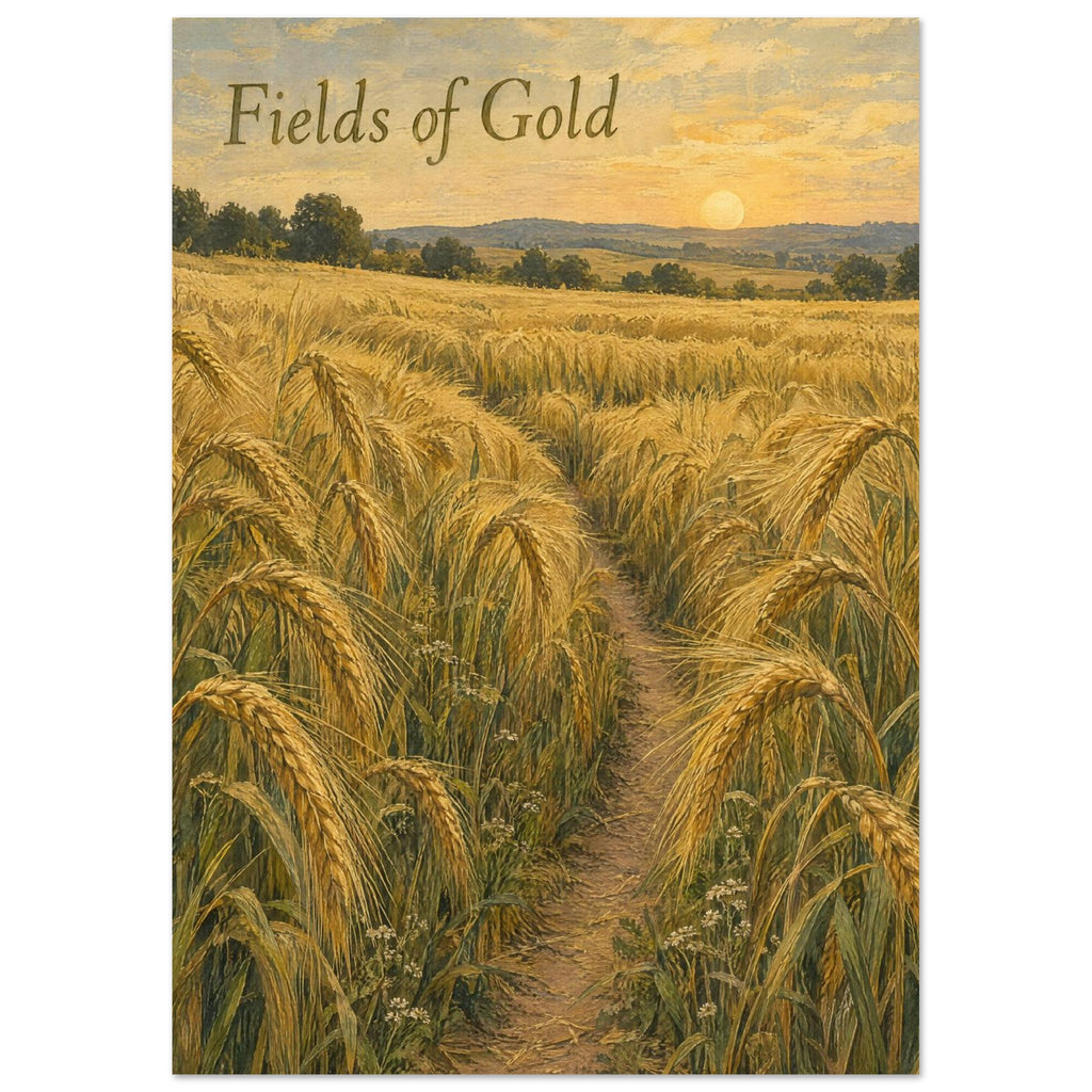 Golden wheat field with a narrow earth path, distant trees and hills, a low sun and ‘Fields of Gold’ lettering.