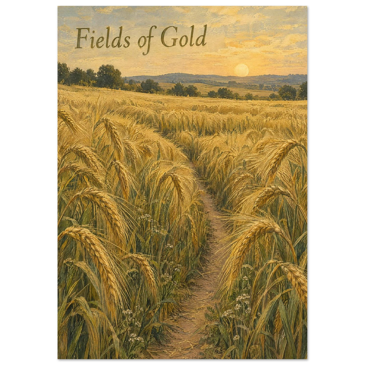 Golden wheat field with a narrow earth path, distant trees and hills, a low sun and ‘Fields of Gold’ lettering.