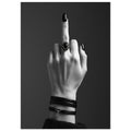 Hand raising its middle finger, with black nails, an ornate ring and layered wristbands against a dark grey background.
