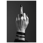 Hand raising its middle finger, with black nails, an ornate ring and layered wristbands against a dark grey background.
