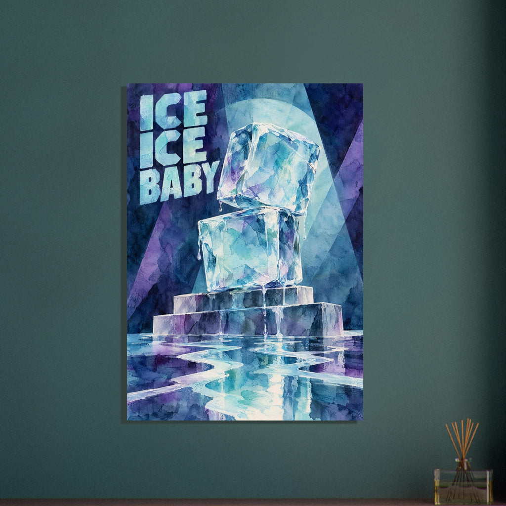 Two melting ice cubes stacked on a stepped plinth, with blue and purple reflections and bold “Ice Ice Baby” lettering.