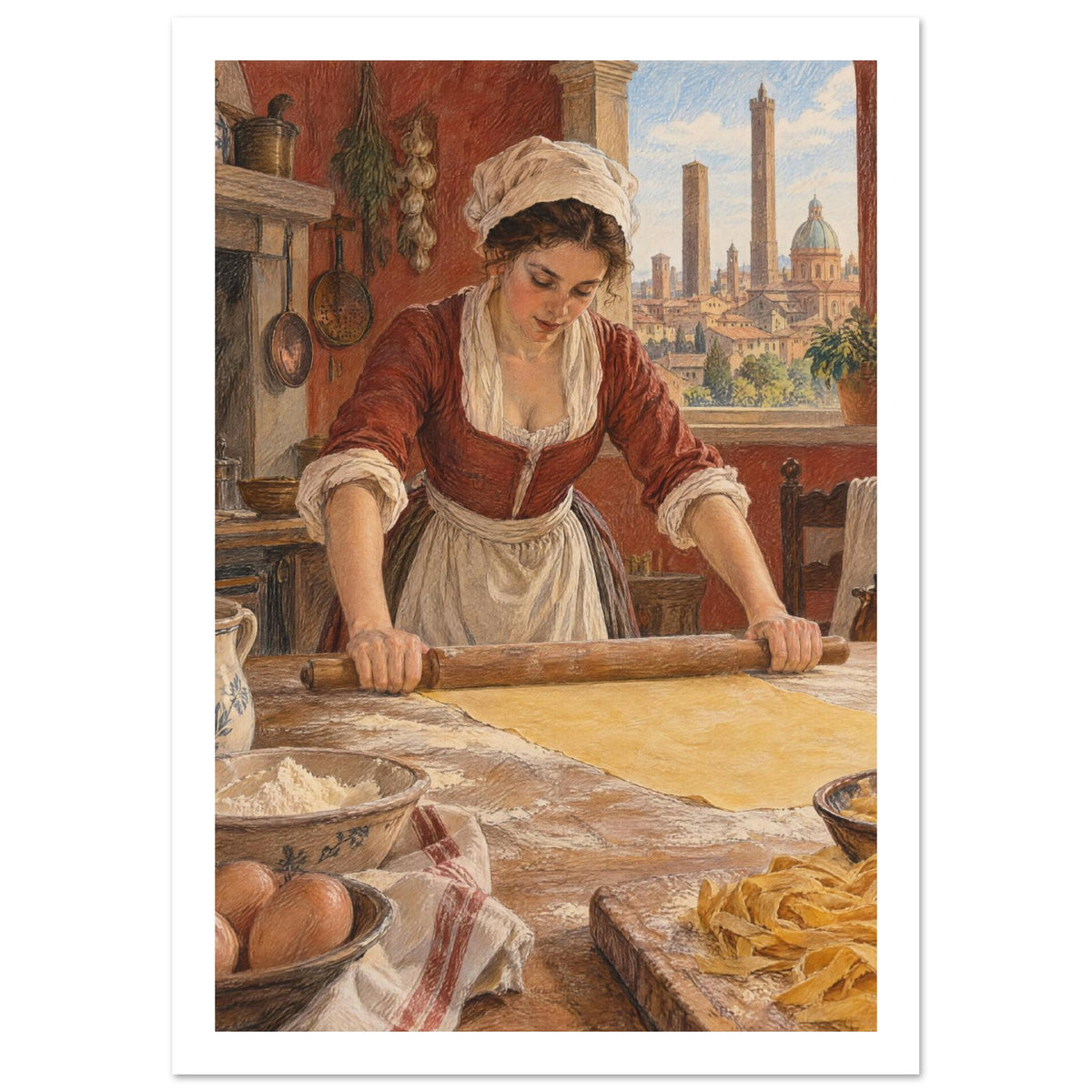Woman rolling pasta dough in a rustic kitchen, with eggs, flour and cut pasta on the table and towers beyond the window.