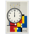 Clock set to twelve over red, yellow and blue geometric blocks, with black lines, yellow dots and ‘NEW YEAR’ text.