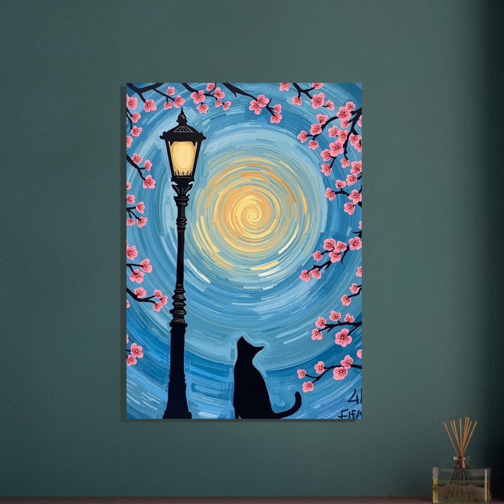 Black cat beside a glowing street lamp, framed by pink blossom branches against a swirling blue and yellow sky.