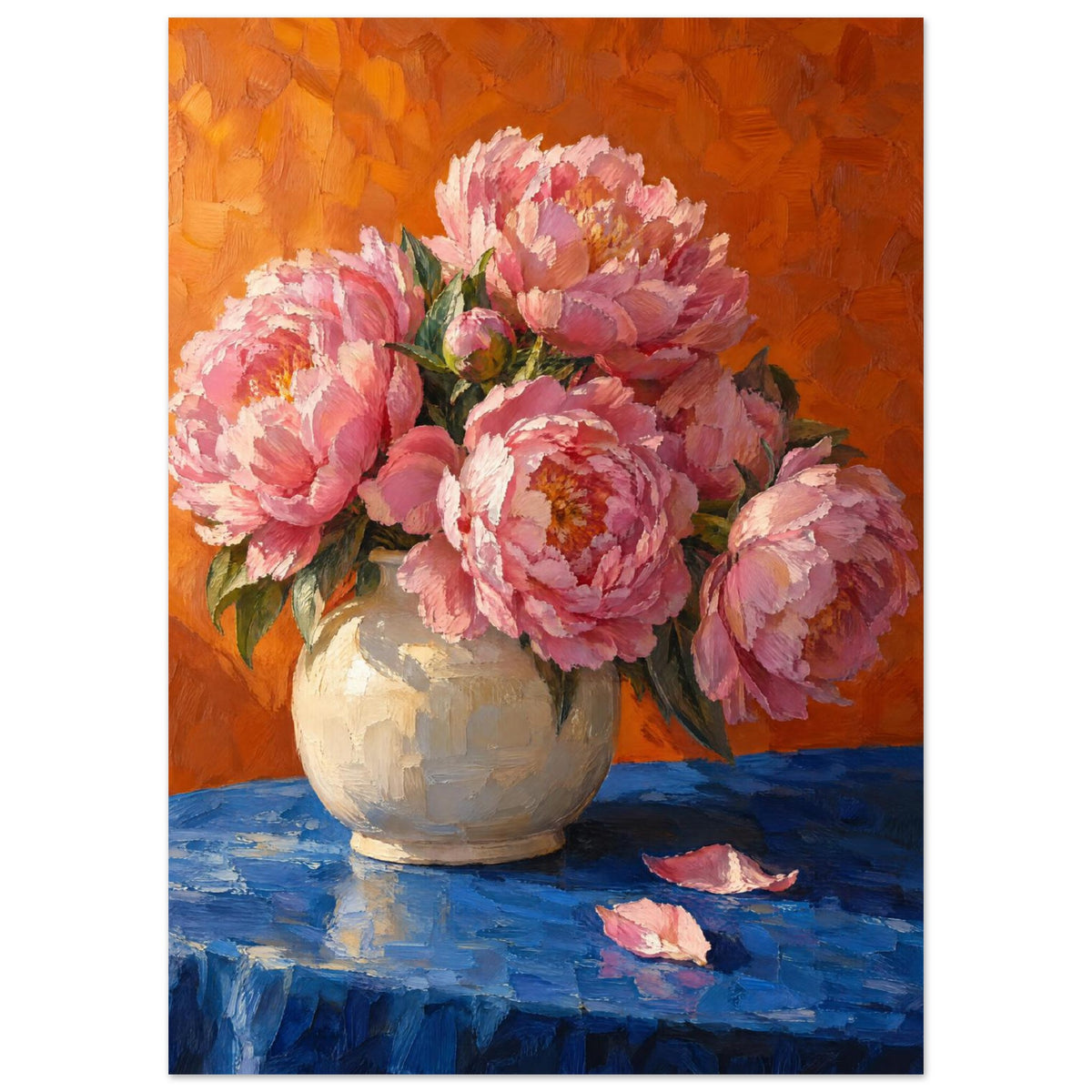 Pink peonies in a cream vase on a blue tabletop, with two fallen petals and an orange background, painted in broad strokes.