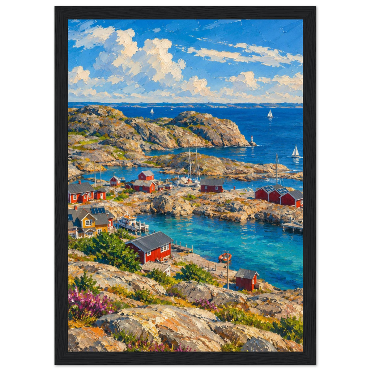 Rocky harbour with red cabins, wooden jetties and sailboats on blue water beneath cream clouds, with flowers in front.