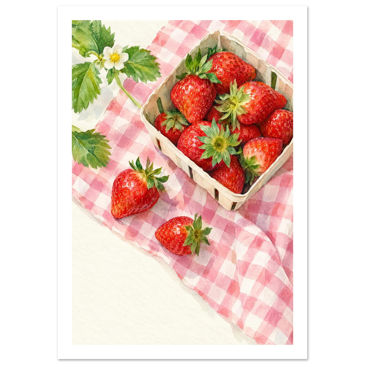 Watercolour strawberries in a wooden punnet on pink gingham cloth, with loose berries, green leaves and a white blossom.