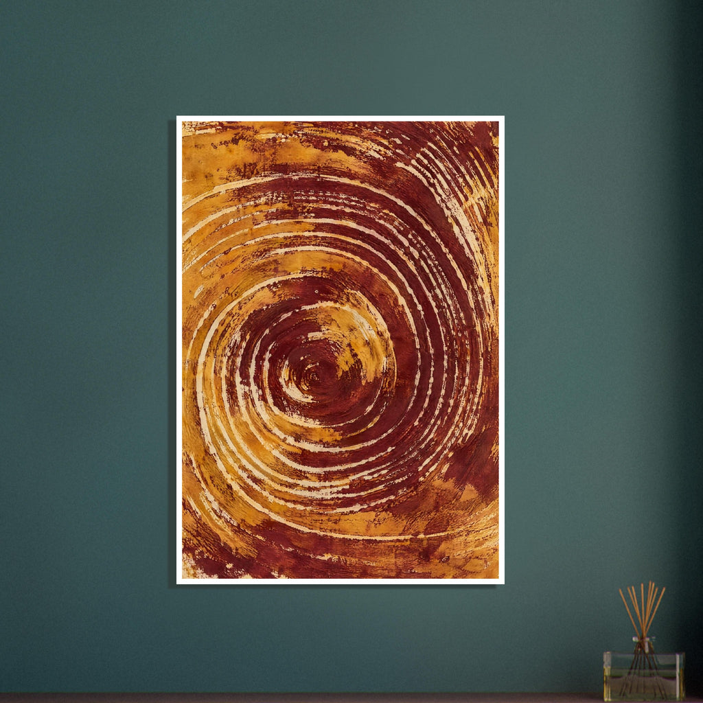 Abstract spiral of rough burgundy and ochre brush marks with cream gaps, sweeping outward across a vertical composition.