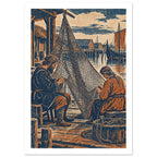 Fishing Net Mending Vintage Art Print – White Border