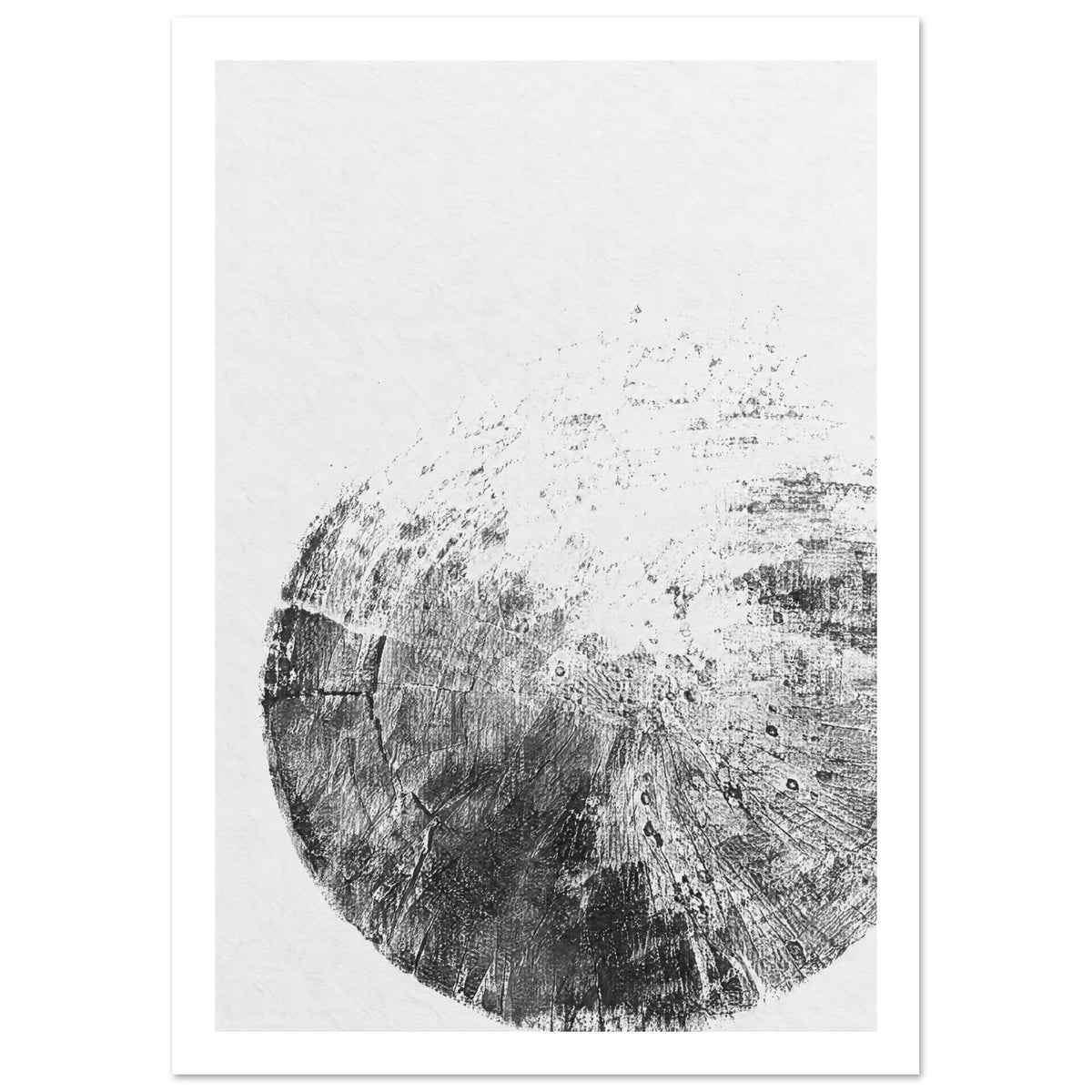 Textured black and grey circular impression fading into a white background, with cracks and radiating marks.
