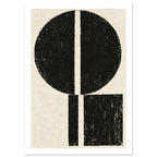 Distressed black circle above an offset black rectangle, both divided by narrow cream gaps, on a textured cream background.
