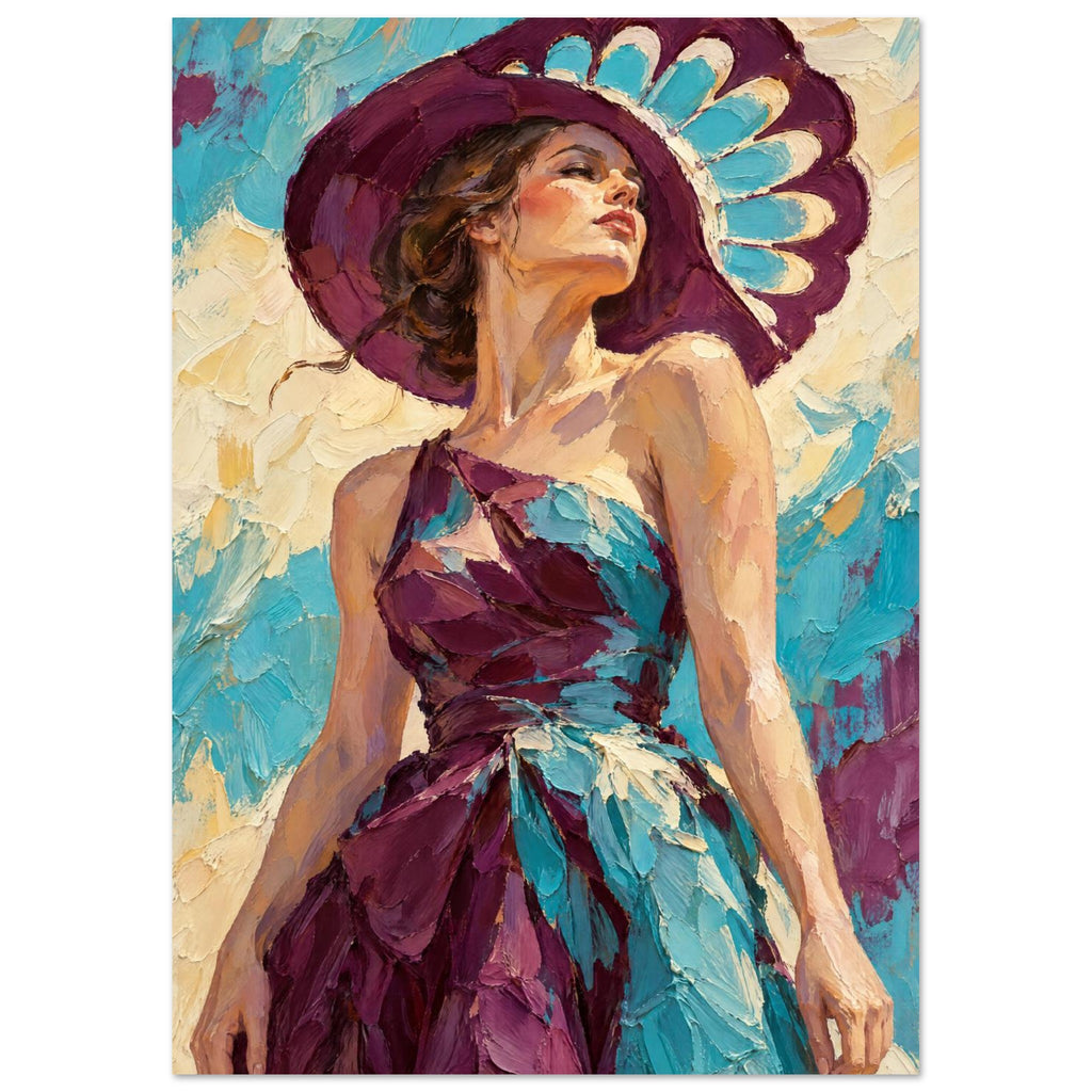 Woman in a wide purple hat and purple and turquoise dress, painted with textured strokes against a turquoise and cream backdr
