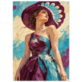 Woman in a wide purple hat and purple and turquoise dress, painted with textured strokes against a turquoise and cream backdr