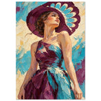 Woman in a wide purple hat and purple and turquoise dress, painted with textured strokes against a turquoise and cream backdr