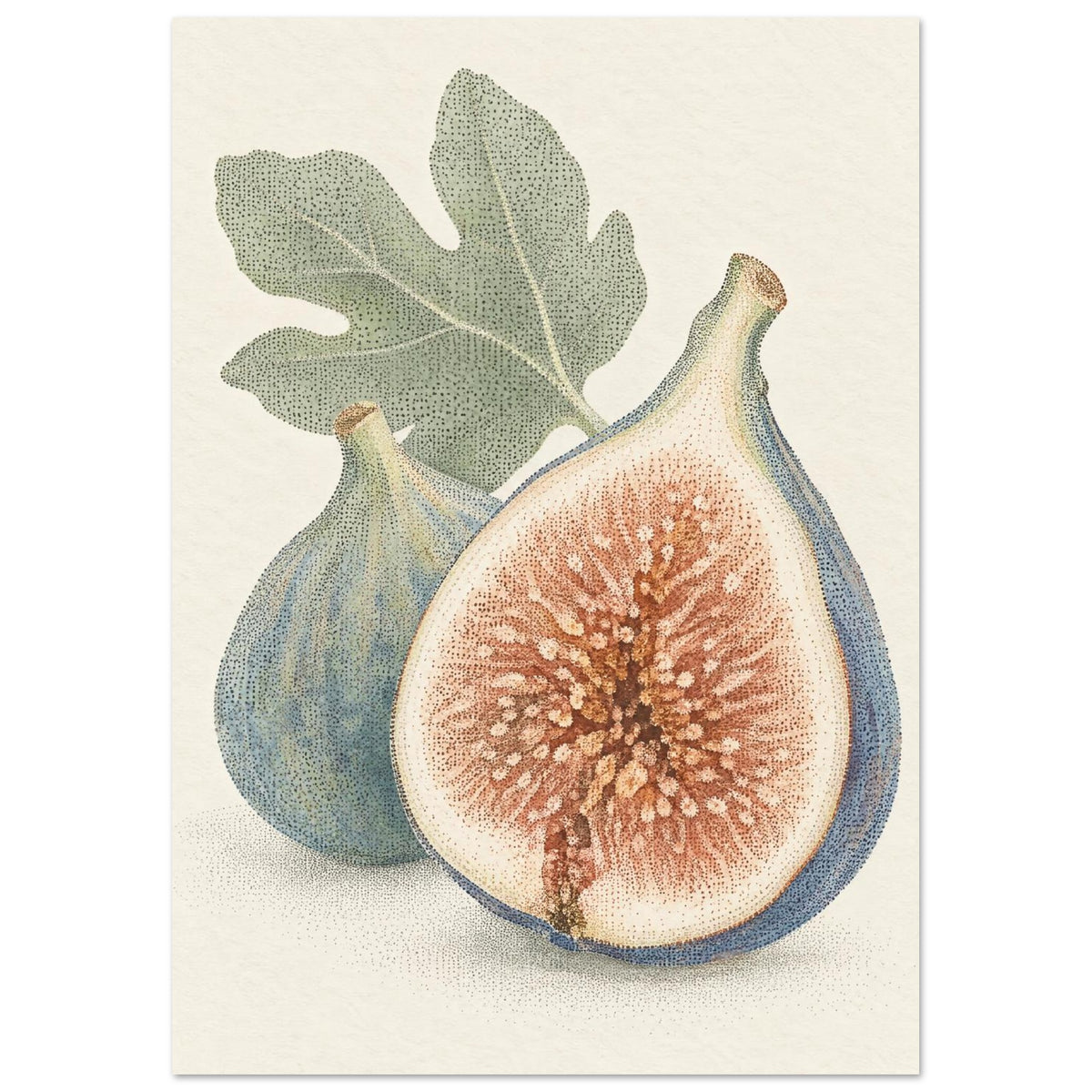 Halved fig with rust-coloured flesh beside a whole blue-green fig, beneath a green leaf on a cream background.