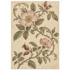 Pink wild roses and russet rosehips on curling stems with olive-green leaves against a mottled cream background.