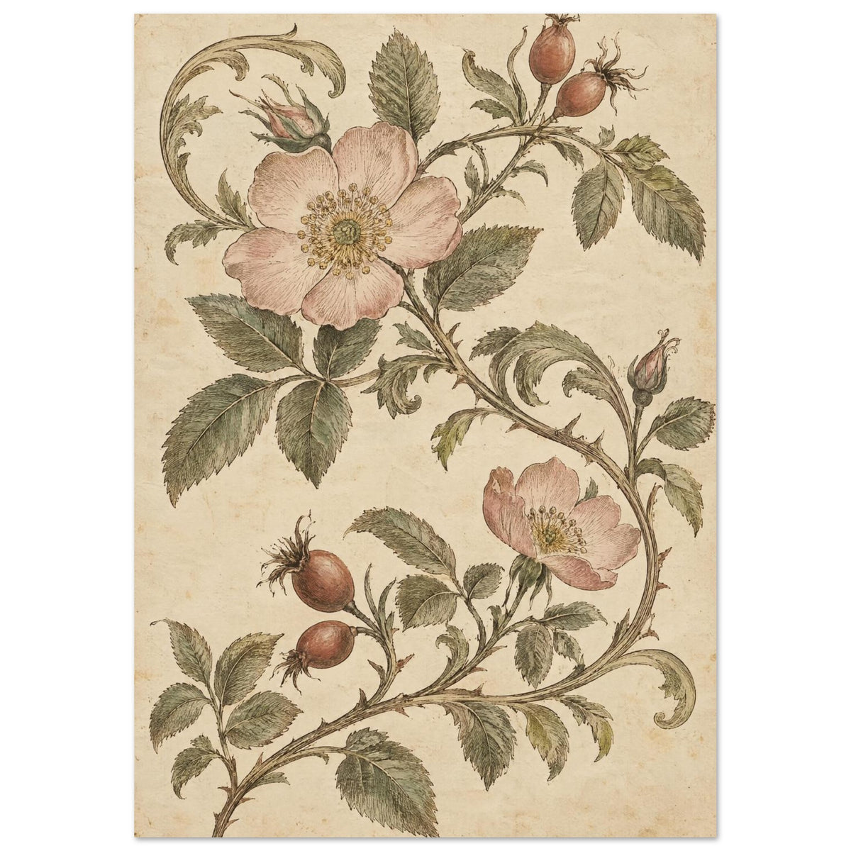 Pink wild roses and russet rosehips on curling stems with olive-green leaves against a mottled cream background.