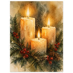 Watercolour painting of three lit advent candles with spruce sprigs and red berries