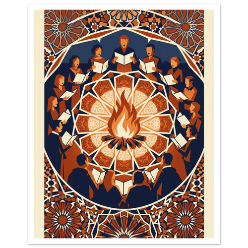 Singers holding open songbooks circle a bonfire, surrounded by ornate geometric patterns in navy, orange and cream.