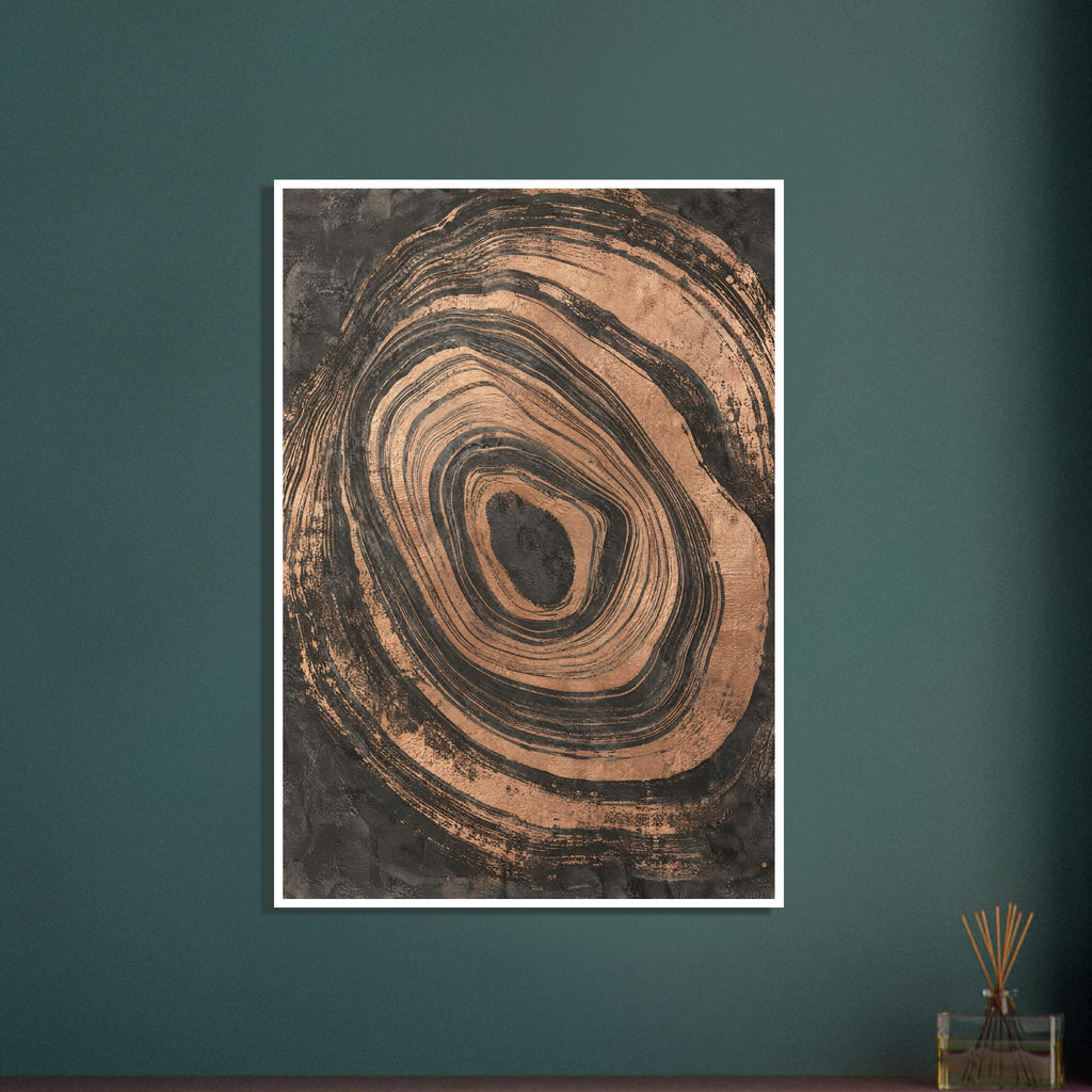 Irregular copper-toned concentric rings with distressed edges surrounding a dark centre on a textured charcoal background.