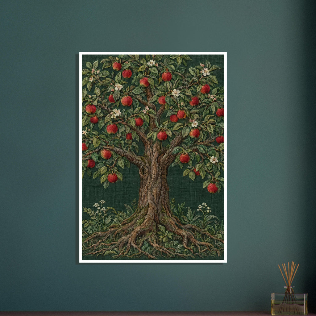 Apple tree with red fruit, green leaves and pale blossoms, with twisting roots and embroidery-like texture on dark green.