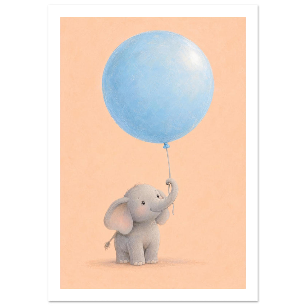 Smiling grey baby elephant holding an oversized pale blue balloon with its raised trunk against a peach background.