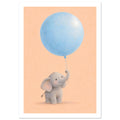 Smiling grey baby elephant holding an oversized pale blue balloon with its raised trunk against a peach background.