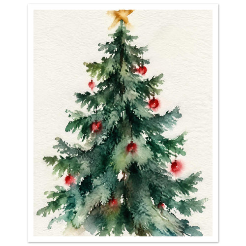 Watercolour Christmas tree with green branches, red baubles and a golden star on a textured cream background.