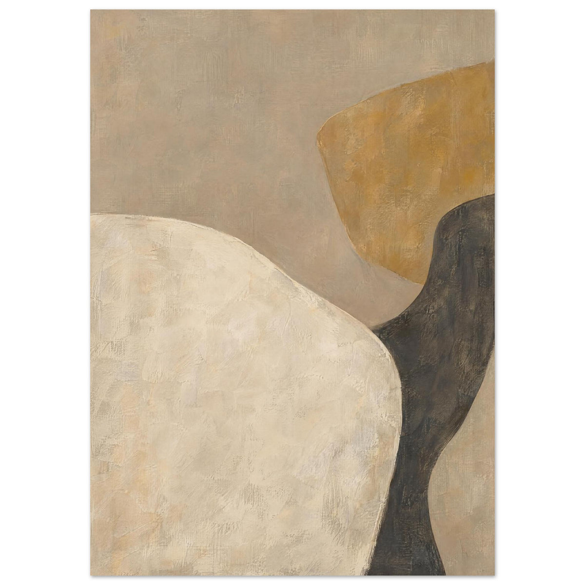 Soft Architecture abstract with interlocking ivory, taupe and ochre forms, a charcoal curve and softly brushed edges.