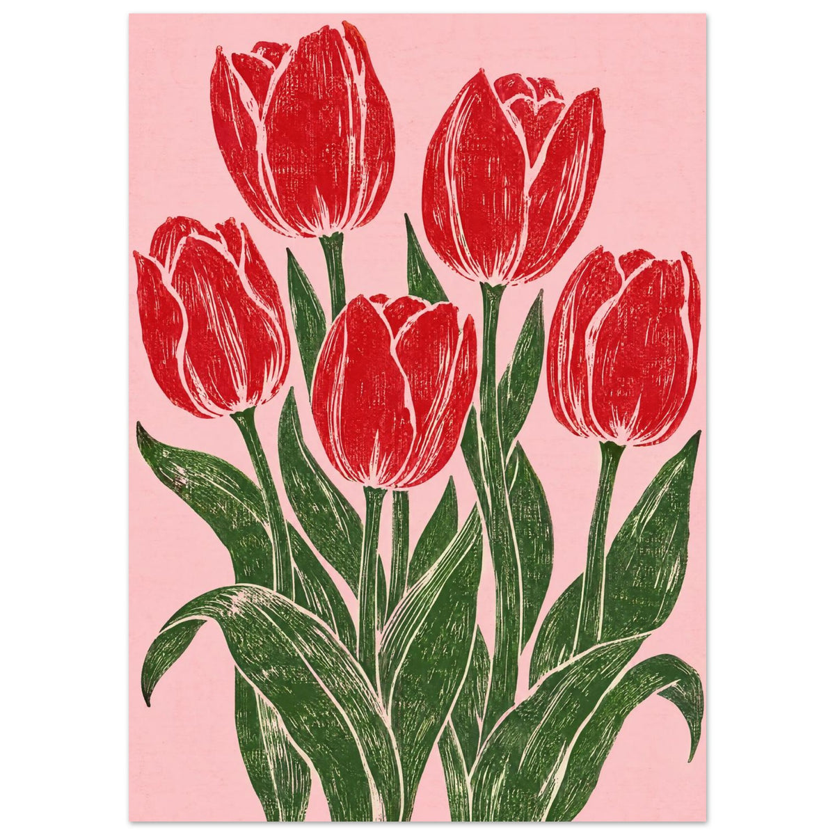 Five red tulips with dark green stems and sweeping leaves on a pink background, illustrated with textured carved lines.