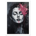 Woman with closed eyes painted in black, white and grey, with thick pink splashes across her forehead and long drips.