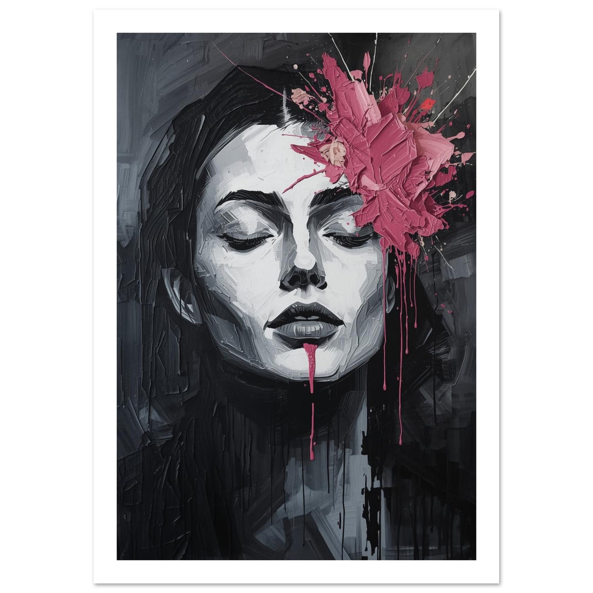 Woman with closed eyes painted in black, white and grey, with thick pink splashes across her forehead and long drips.