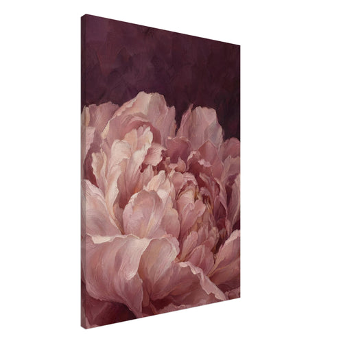 Blush pink peony with layered, curling petals and visible painterly brushwork against a deep burgundy background.