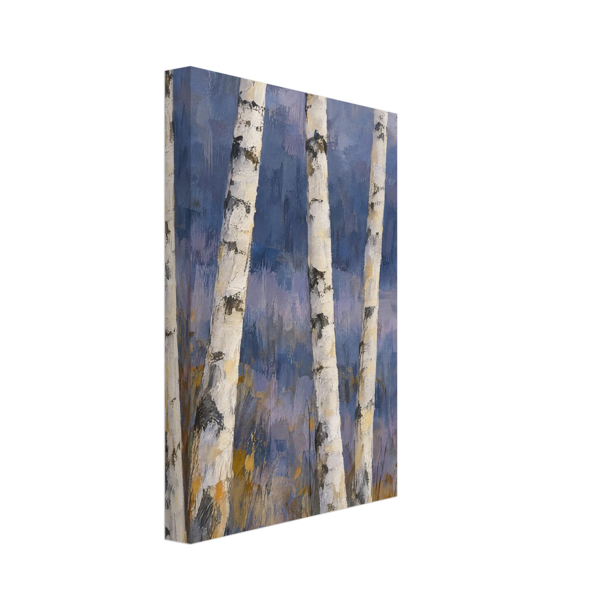 Pale birch trunks with dark bark markings against a painterly blue and lavender background, with ochre grasses below.