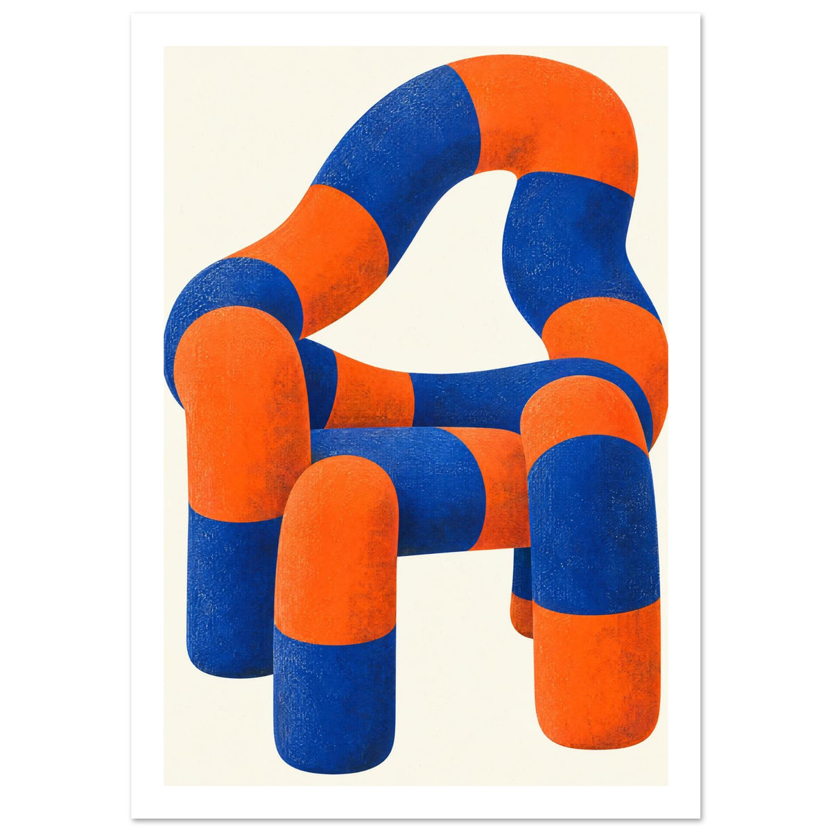 Sculptural chair made of rounded blue and orange sections with mottled texture against a cream background.