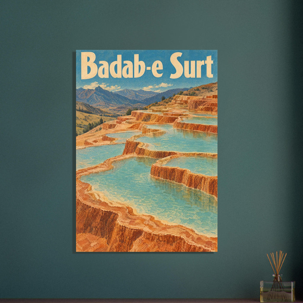 Badab-e Surt mineral terraces with turquoise pools, orange rock, distant mountains and large cream lettering.