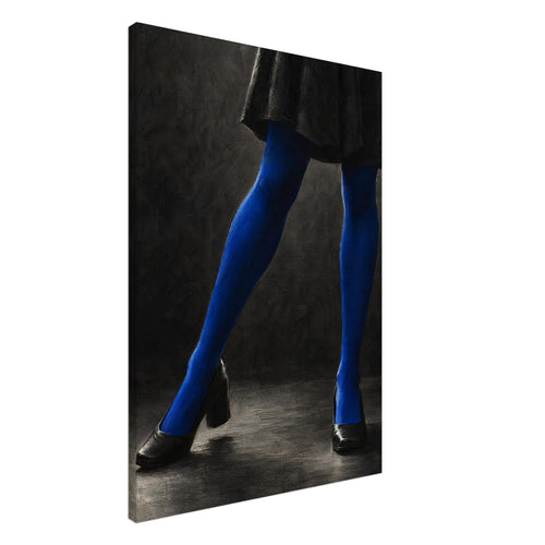 Cobalt Stockings, cropped legs in blue tights and black shoes forming an angular pose against a charcoal studio background.