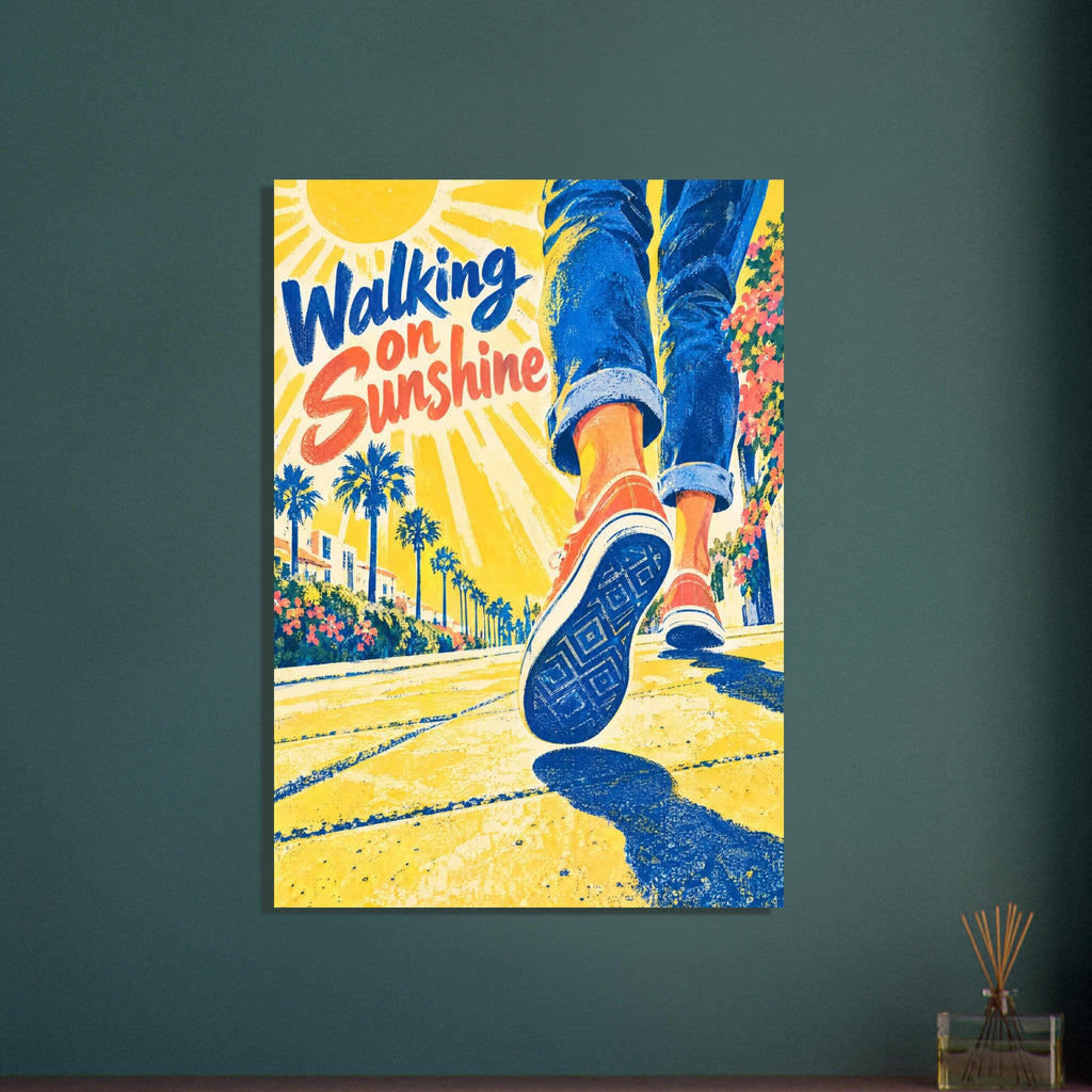 Walking on Sunshine lettering beside rolled-up blue jeans and red trainers on a yellow, palm-lined street.