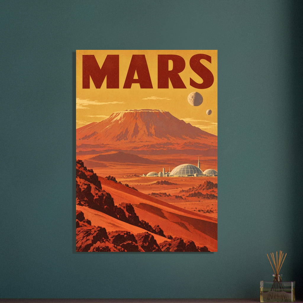 Mars travel poster with red lettering, orange rocky terrain, a flat-topped mountain and domed buildings under a golden sky.