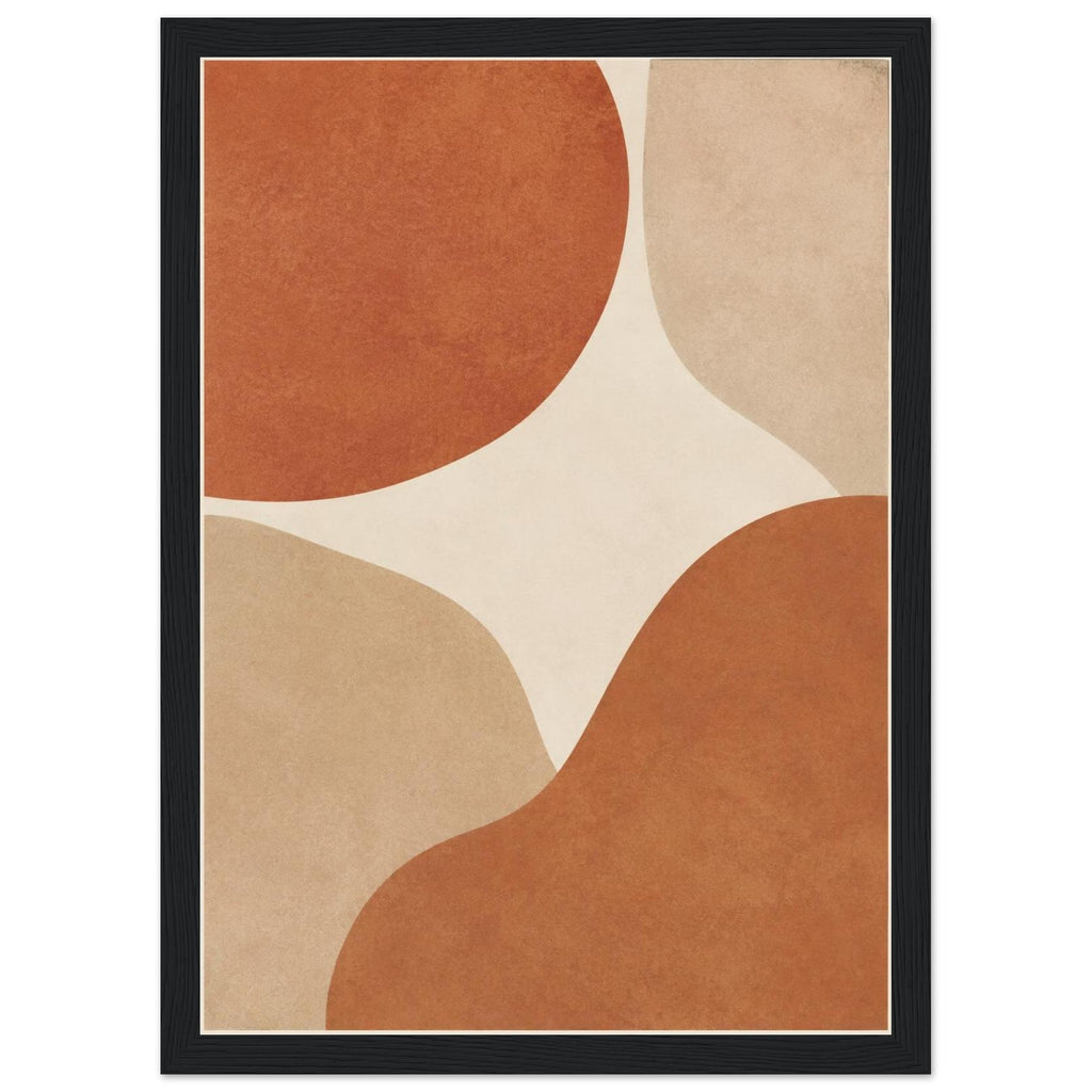 Abstract burnt orange and beige curved shapes on a cream background, with mottled texture and a narrow cream border.